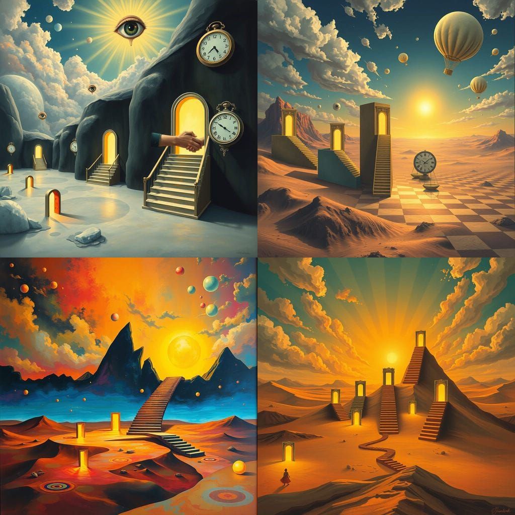 Surreal Dreamscape: Glowing Doors to Radiant Skies