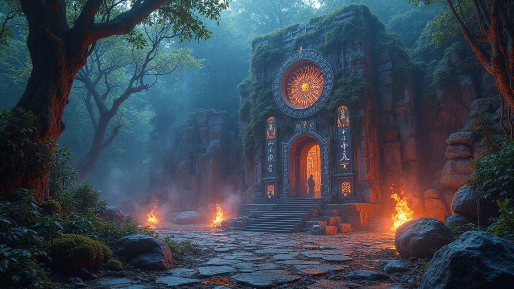 Mystical Jungle Temple with Glowing Moss