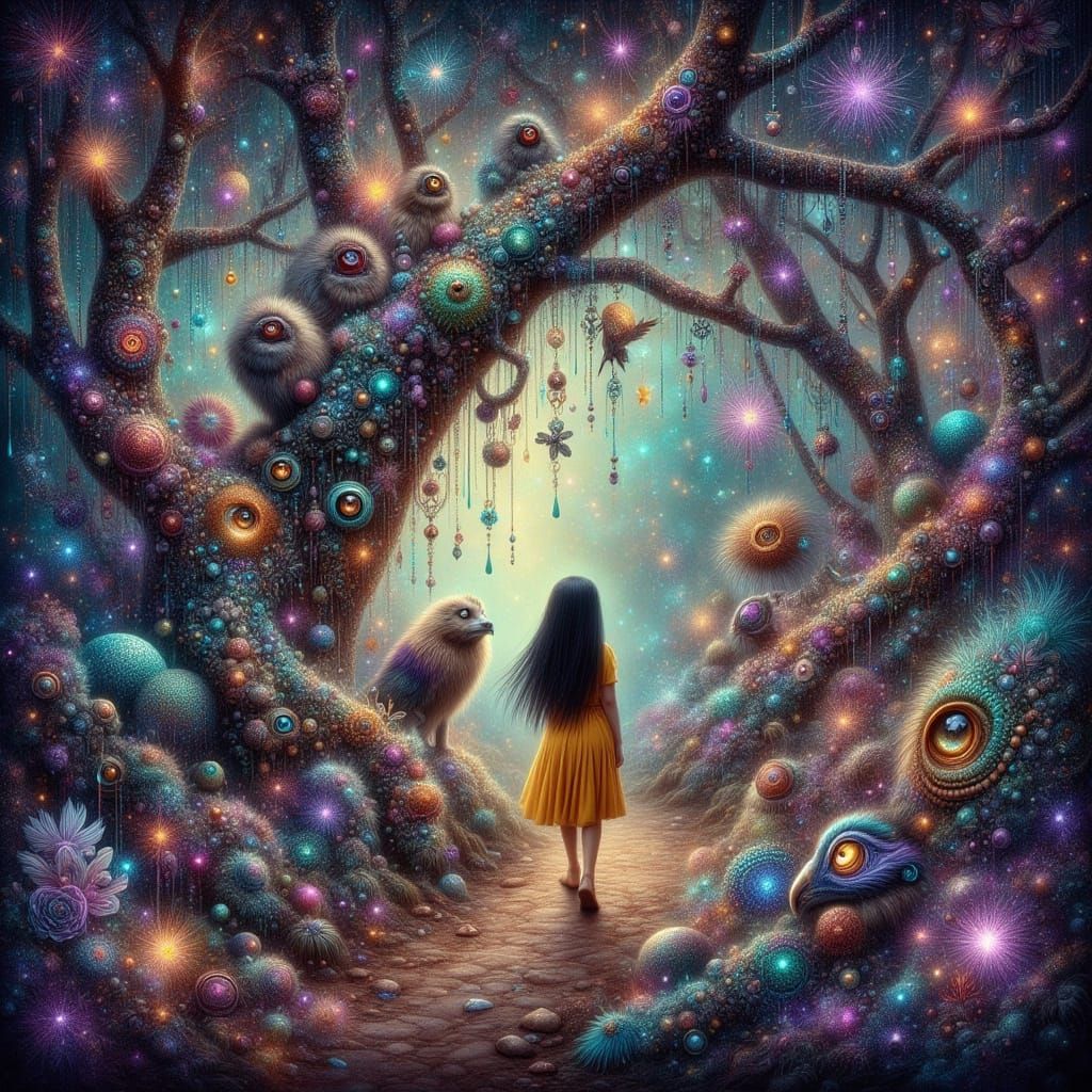 Girl on Forest Path in Whimsical Style