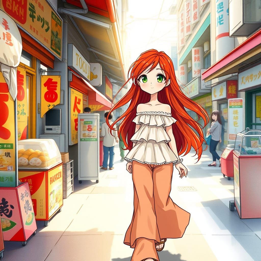 Japanese Woman in Tokyo Street: Digital Watercolor