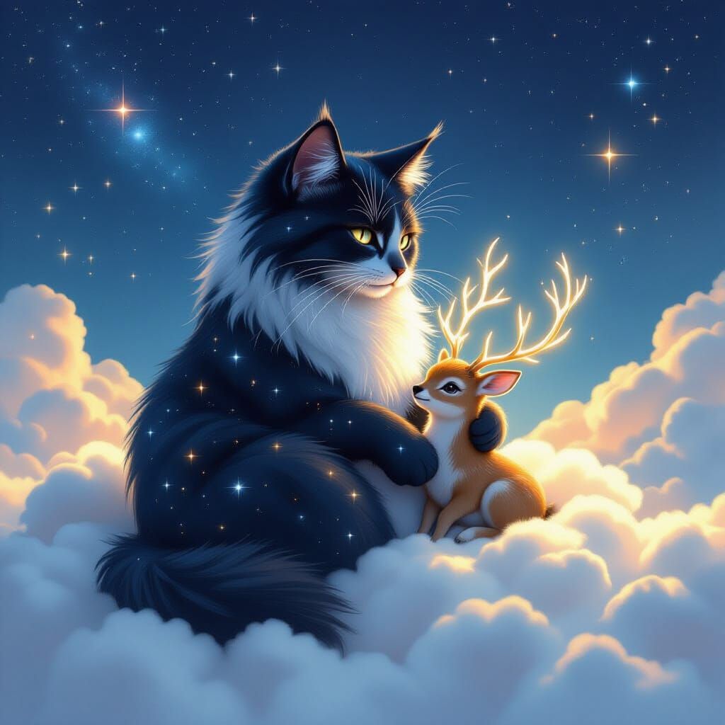 Cosmic Cat Protects Glowing Deer on Cloud
