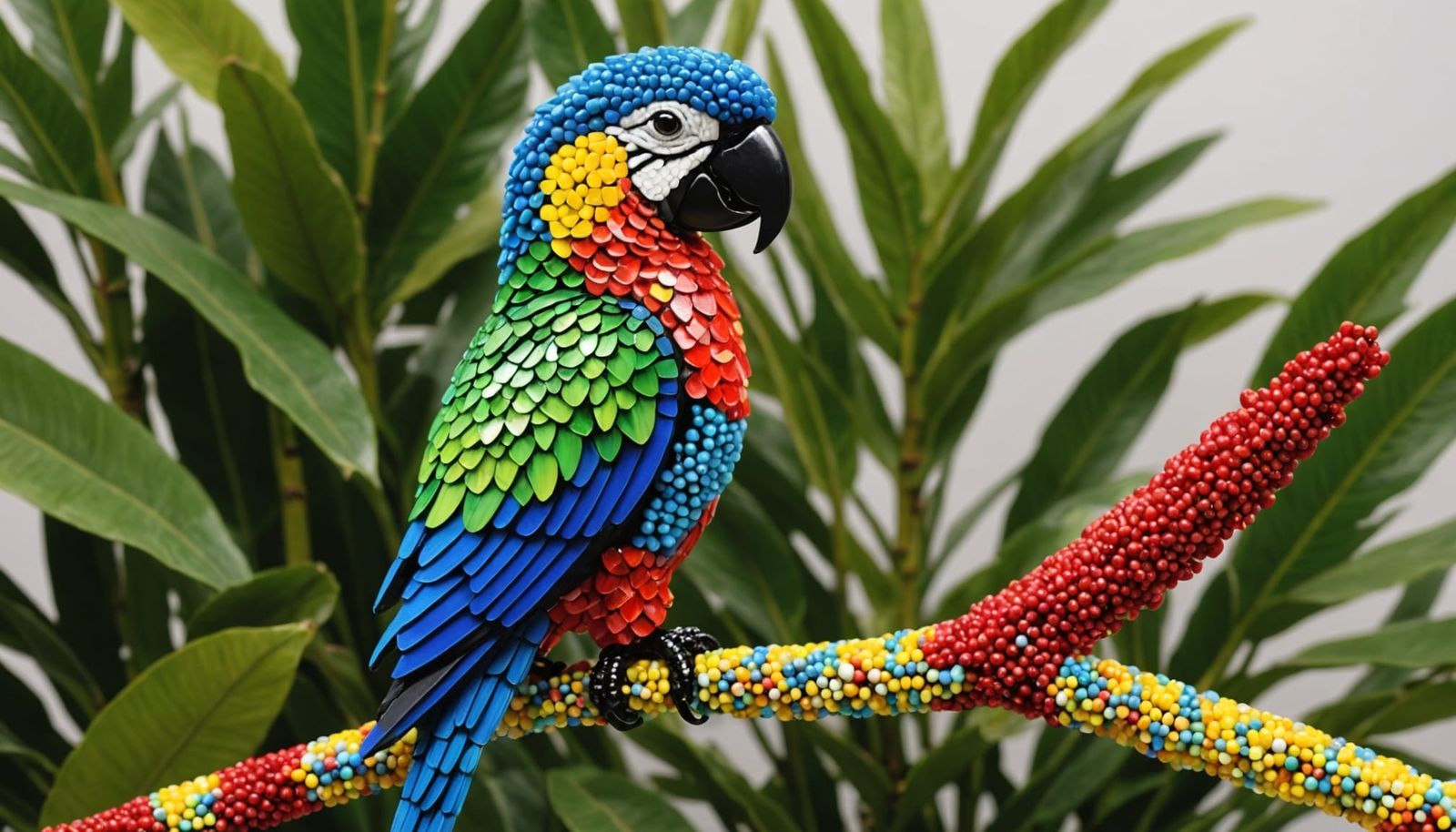 Vivid Beaded Parrot on Tropical Branch