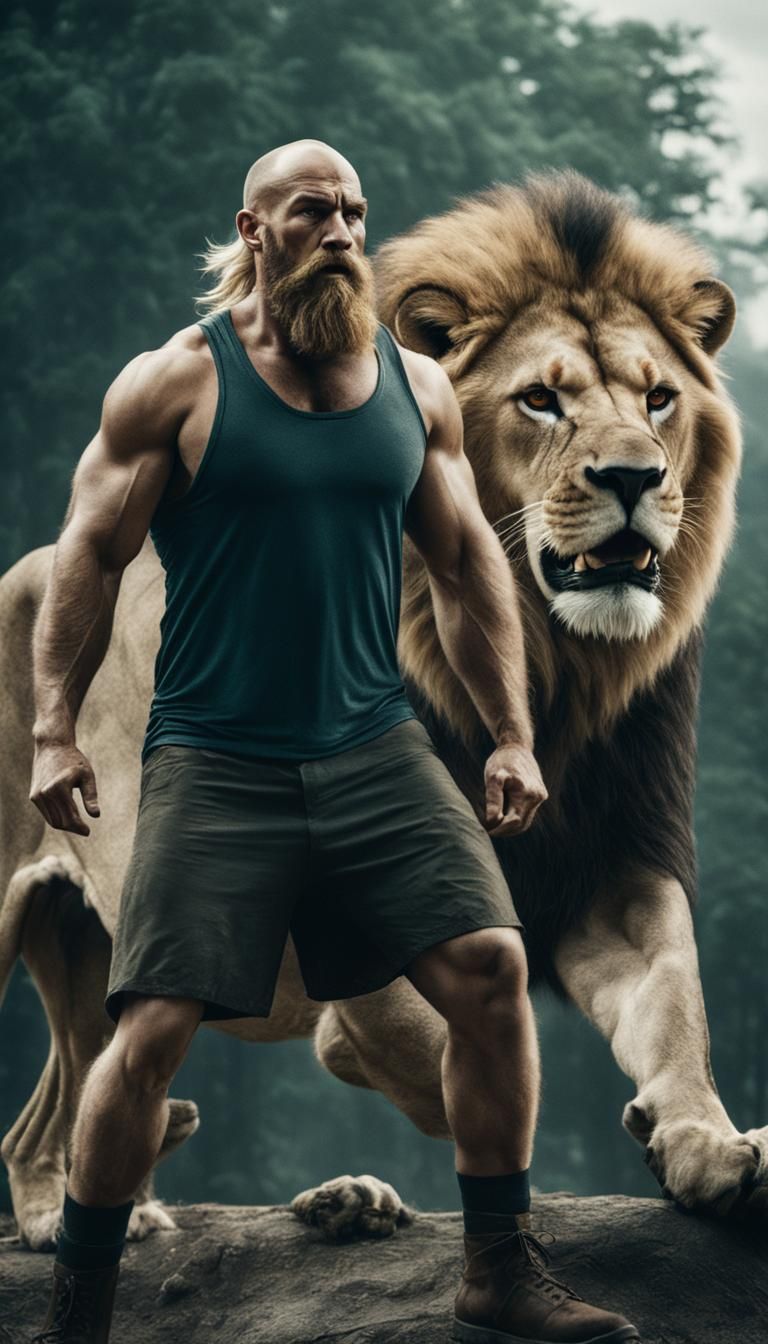 Epic Cinematic Image: Man Dominating Lion in Thunderstorm