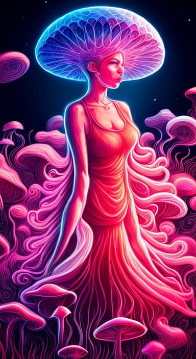 Myconid Mushroom Woman in Surreal Flower Meadow