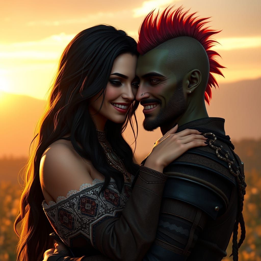 Elder Scrolls Fantasy Couple Cuddling in Golden Hour Light