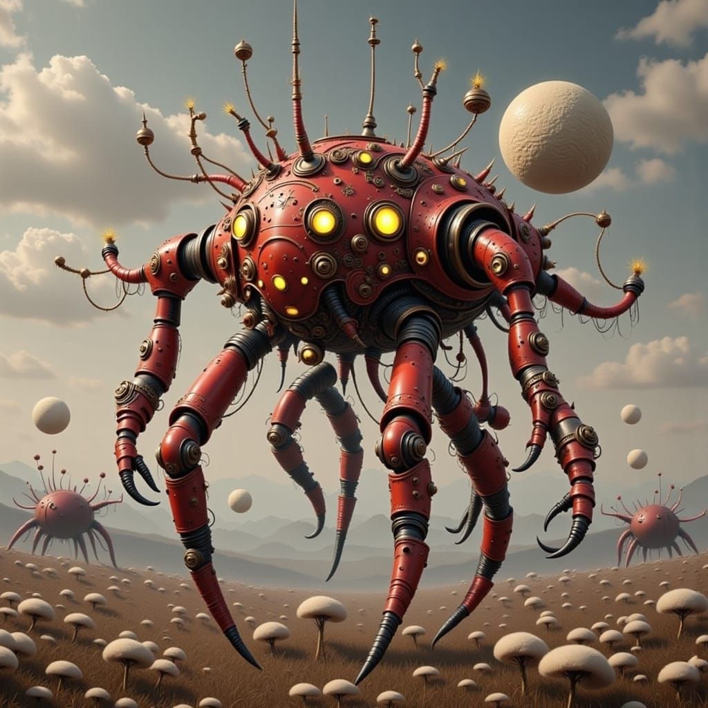 <lora:TheEngineWalks 2p0:1.0> steampunk red automaton