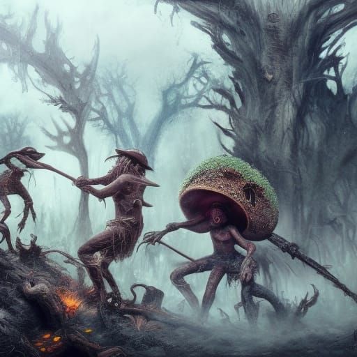 Mushroom Humanoids Battle Clearcutting Equipment