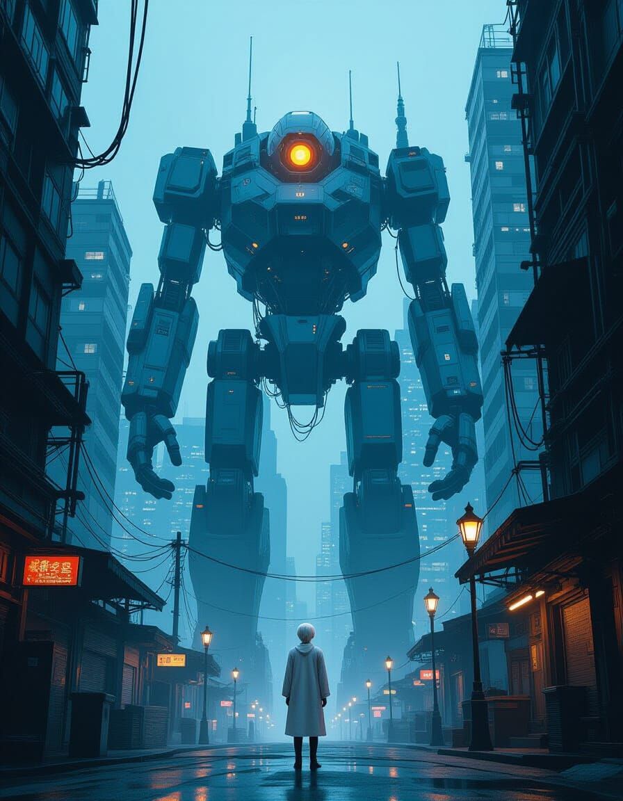 Dystopian Cityscape with Giant Robot and Human