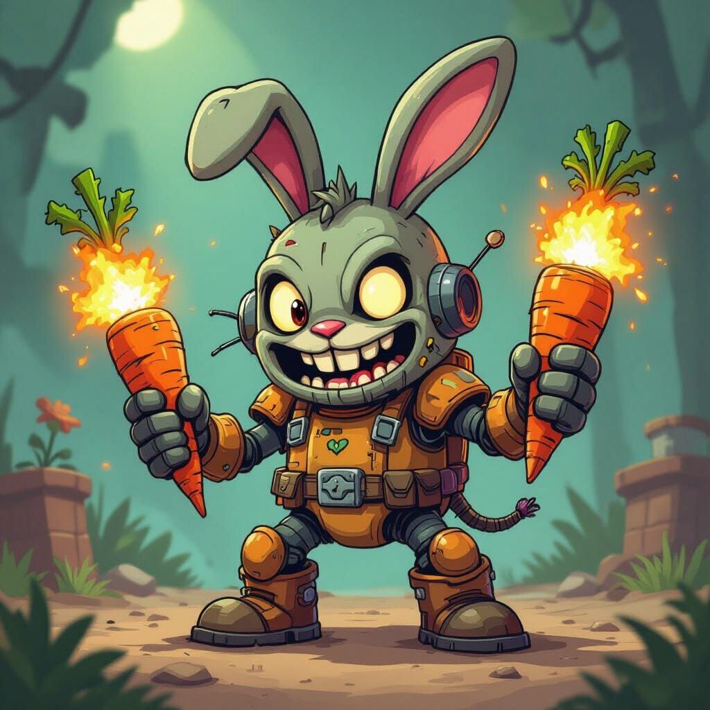 Cartoon Mutant Miner with Rabbit Head and Carrot Bombs
