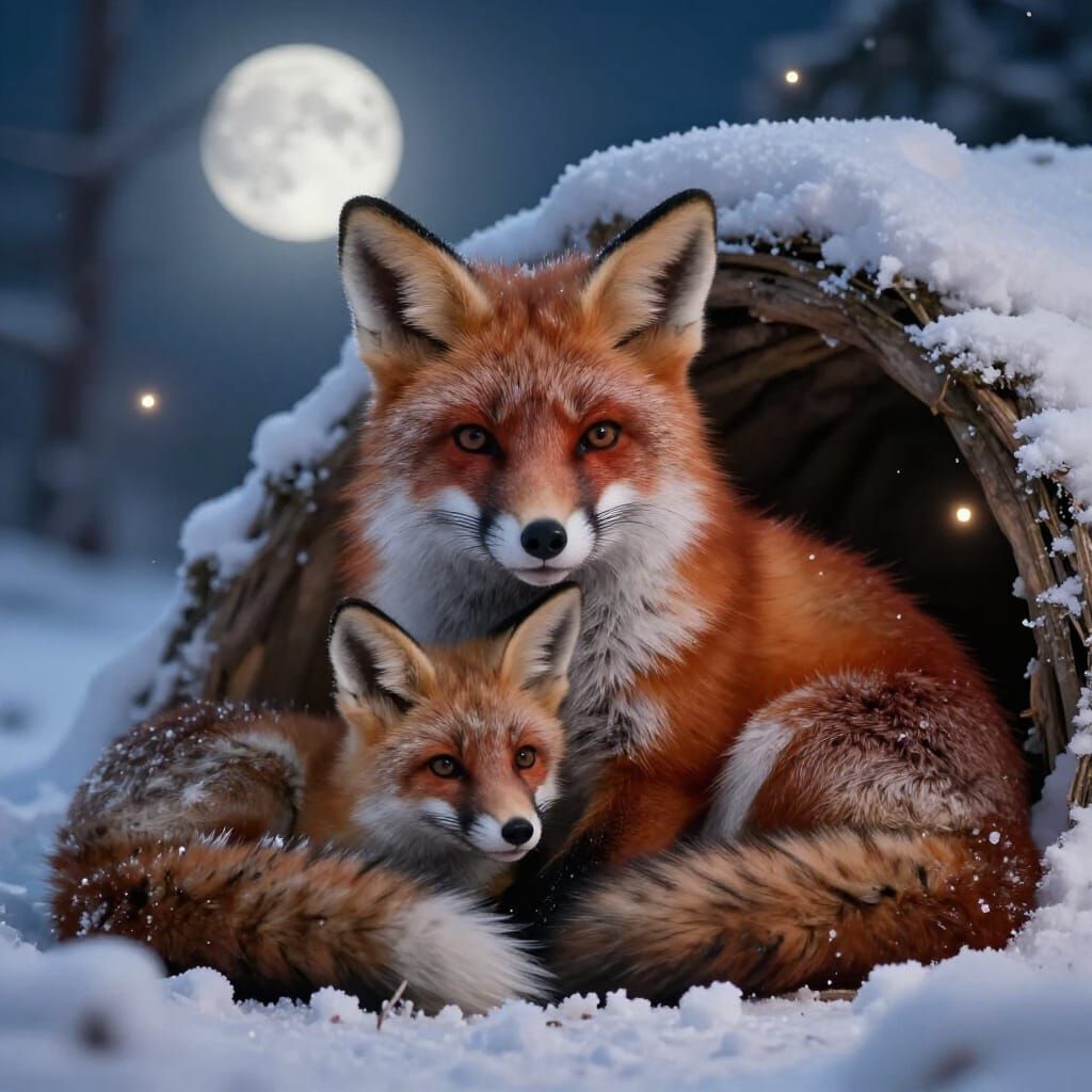 Red Fox Family in Snowy Den