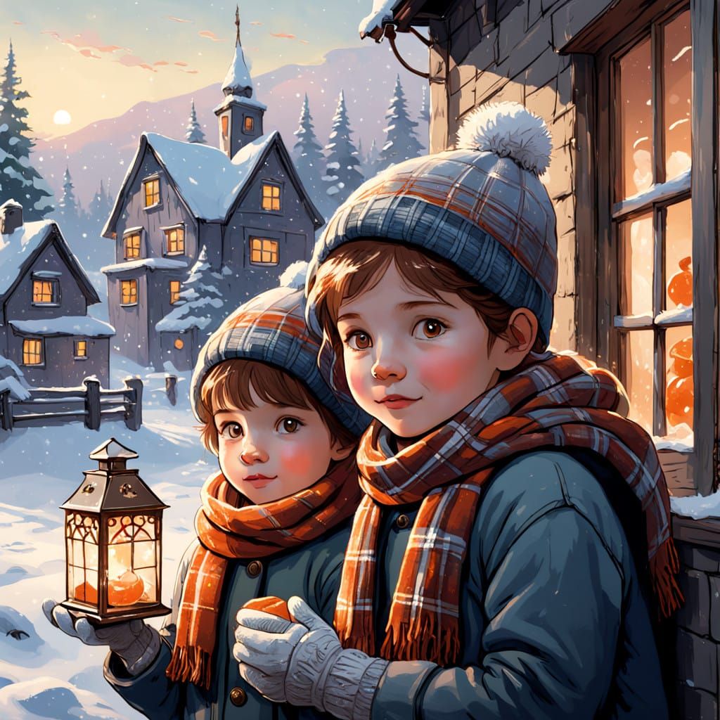 Two children, swaddled in scarves, hats, and mittens, their ...