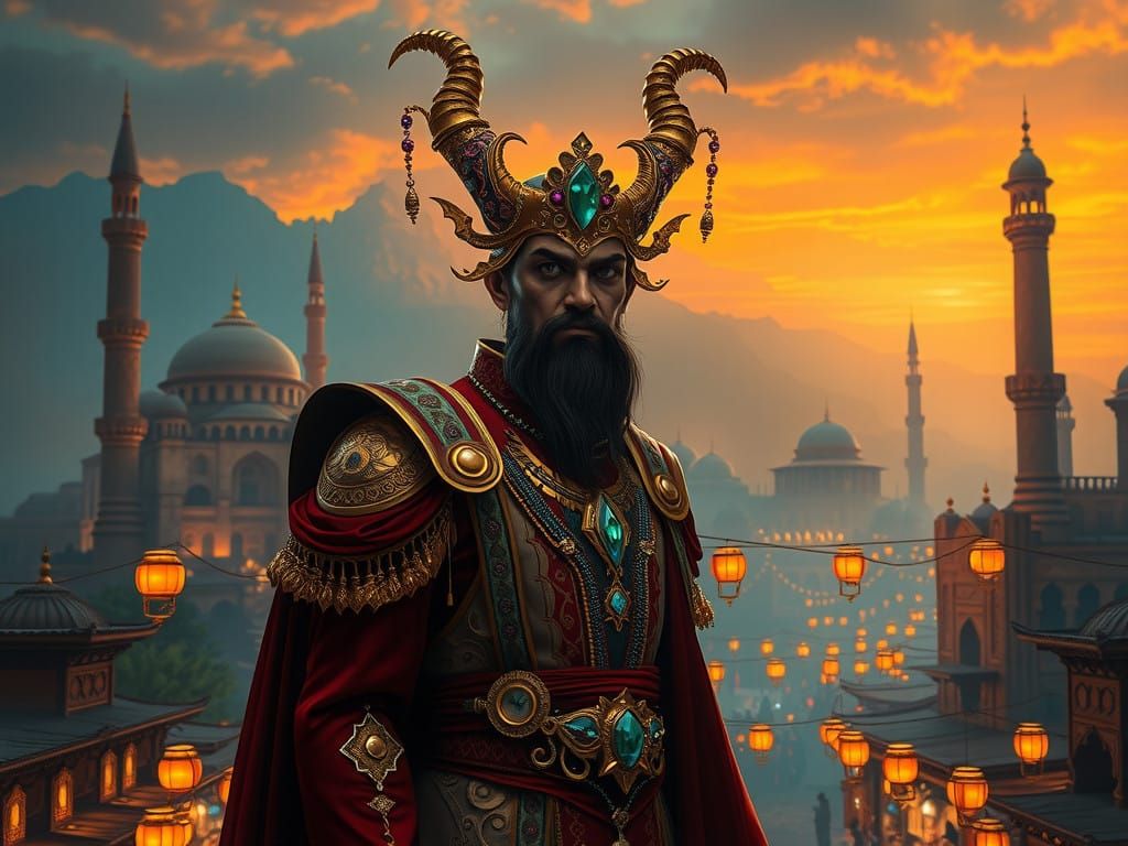 Regal Master of Djinn in Ancient Middle Eastern Cityscape
