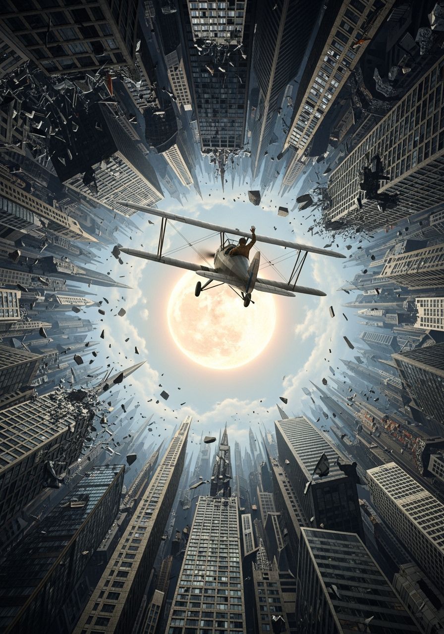 Biplane Navigates Surreal M.C. Escher Cityscape