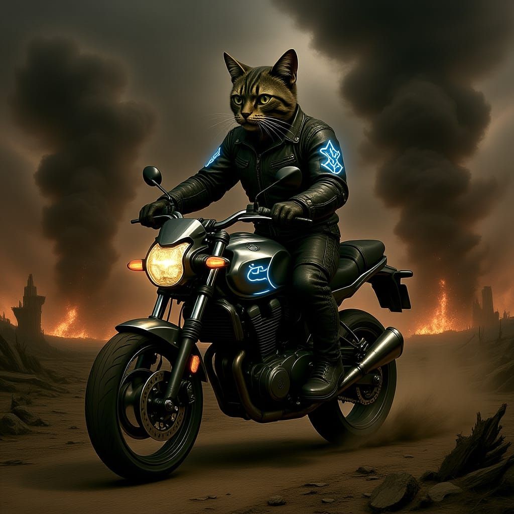 Cat Biker Rides Through Post-Apocalyptic Wasteland