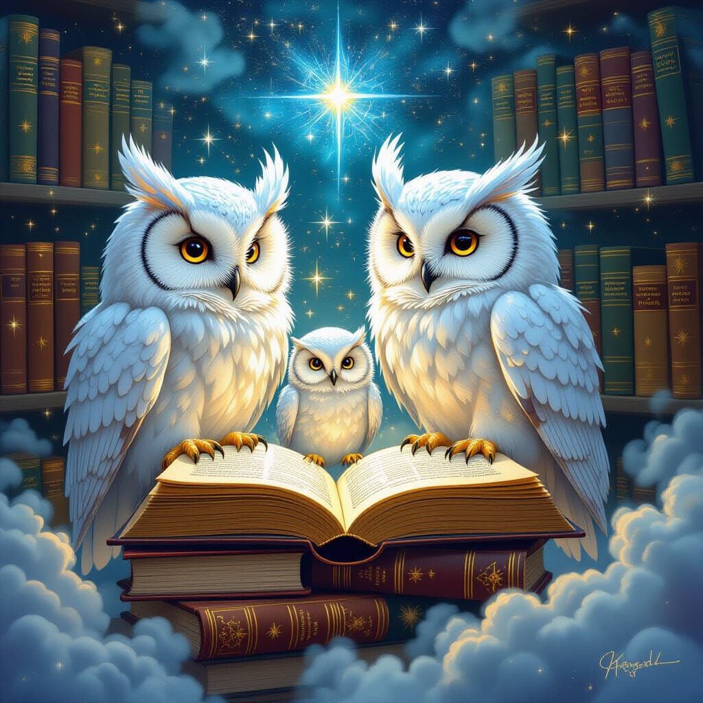 Cosmic Library with Cloud Owls in Mixed Media Style