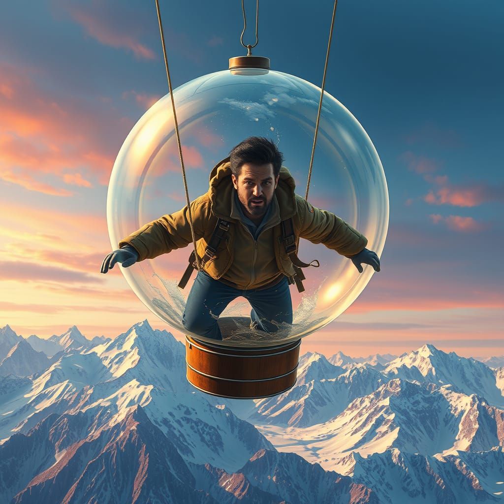 Man in Hot Air Balloon Over Snowy Mountains