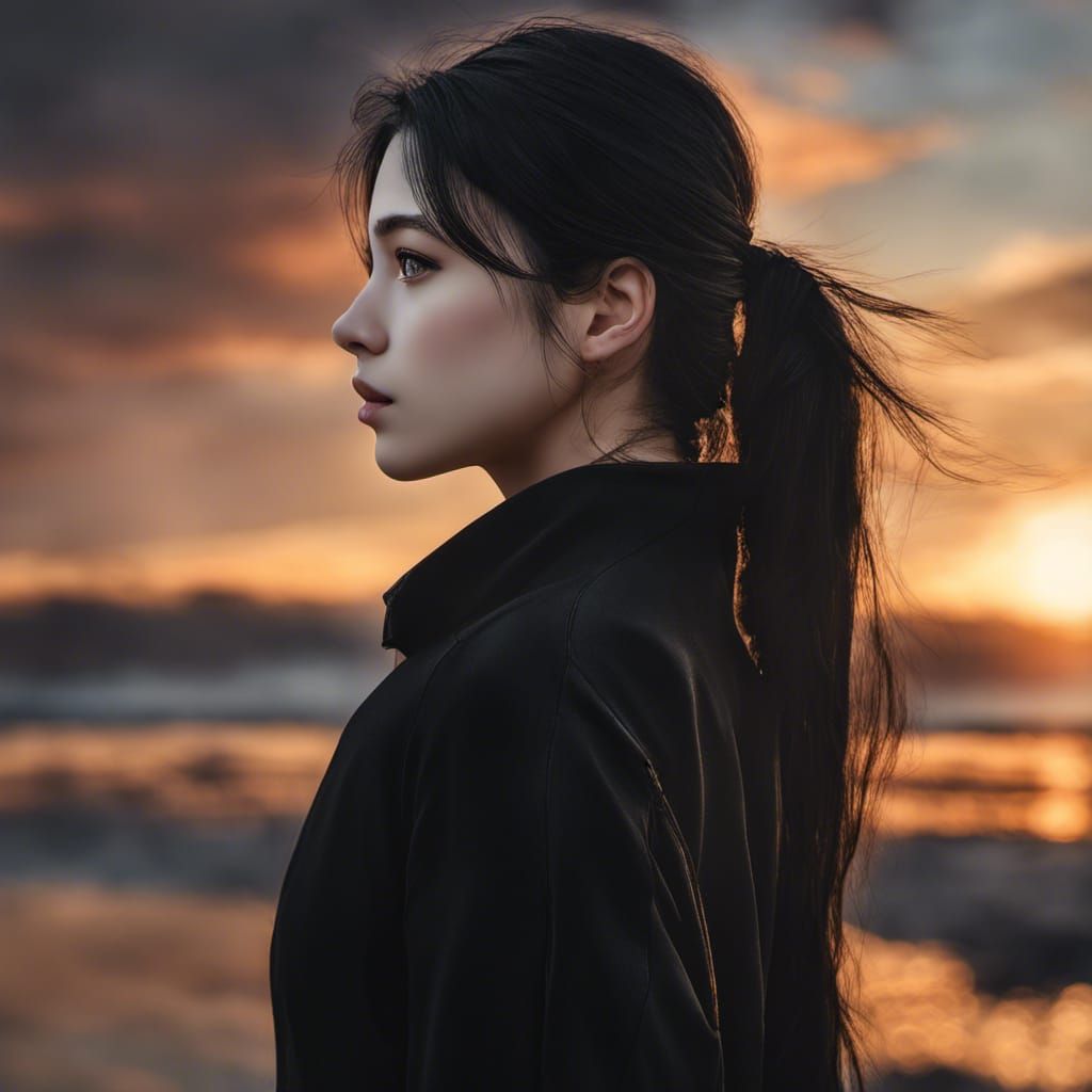 Hyperrealistic Girl Gazing at Sunset in HDR