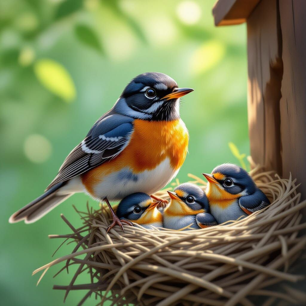 Proud American Robin bird perched on the edge of it’s nest of baby birds, style of Disney’s Pixar