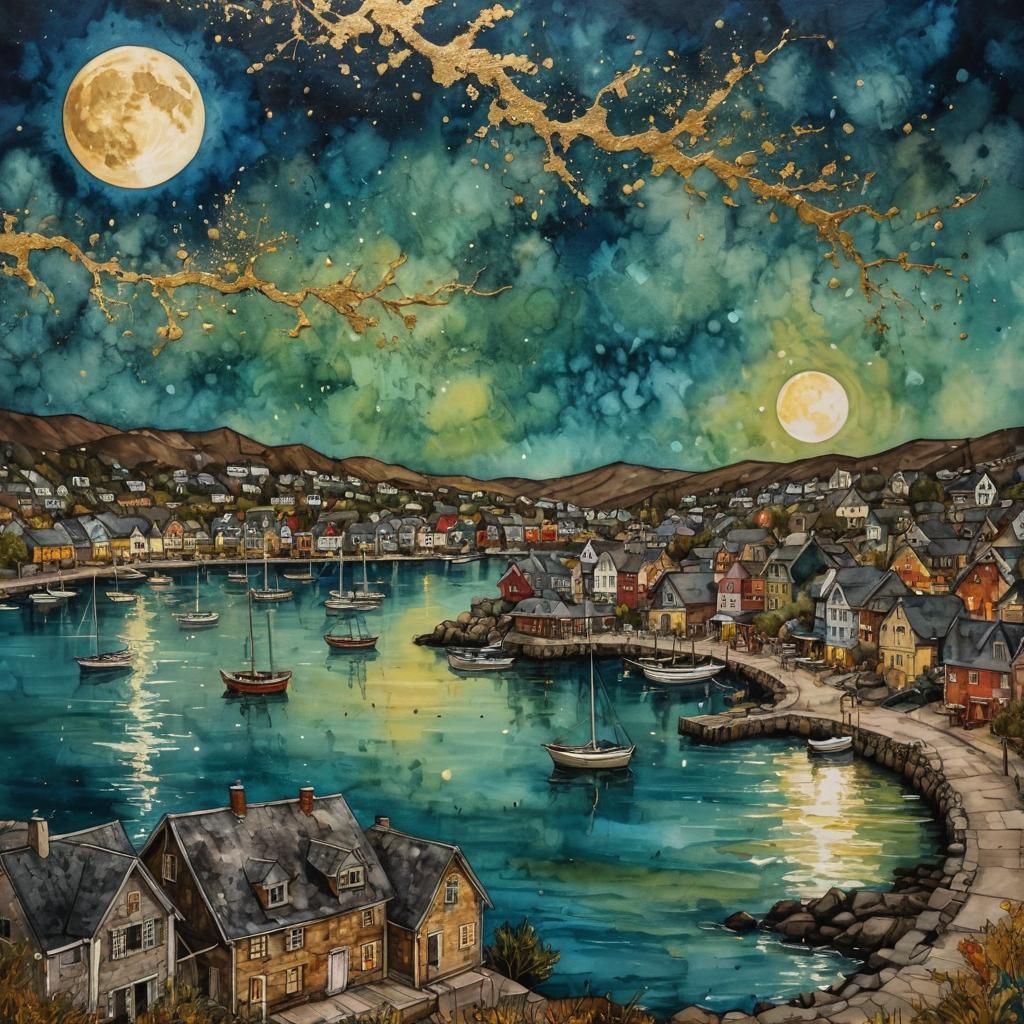 Harbor Village Under Moon in Alcohol Ink Impasto
