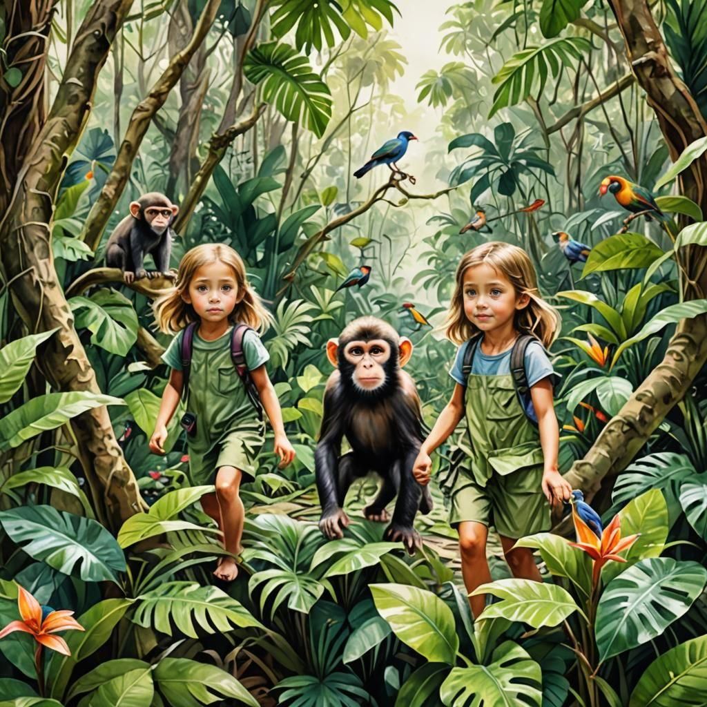 Jungle Adventure: Watercolor Illustration of Girls Exploring