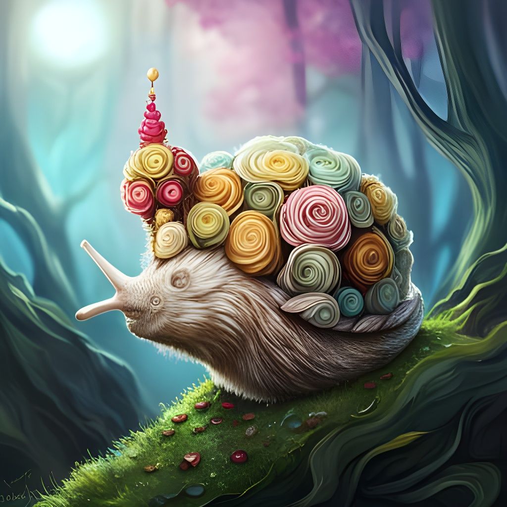 Fantasy Snail in Lush Garden, Detailed Art