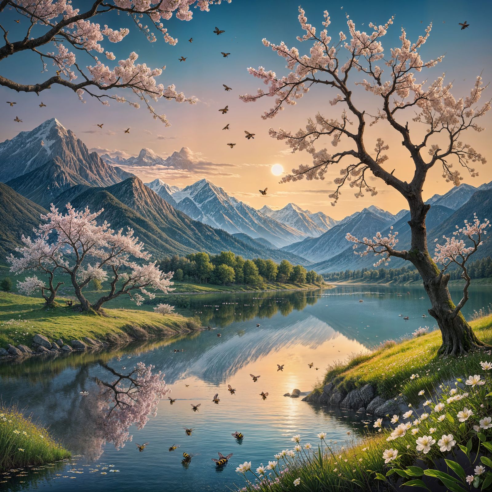 Serene Springtime Scene with Cherry Blossoms and Bees