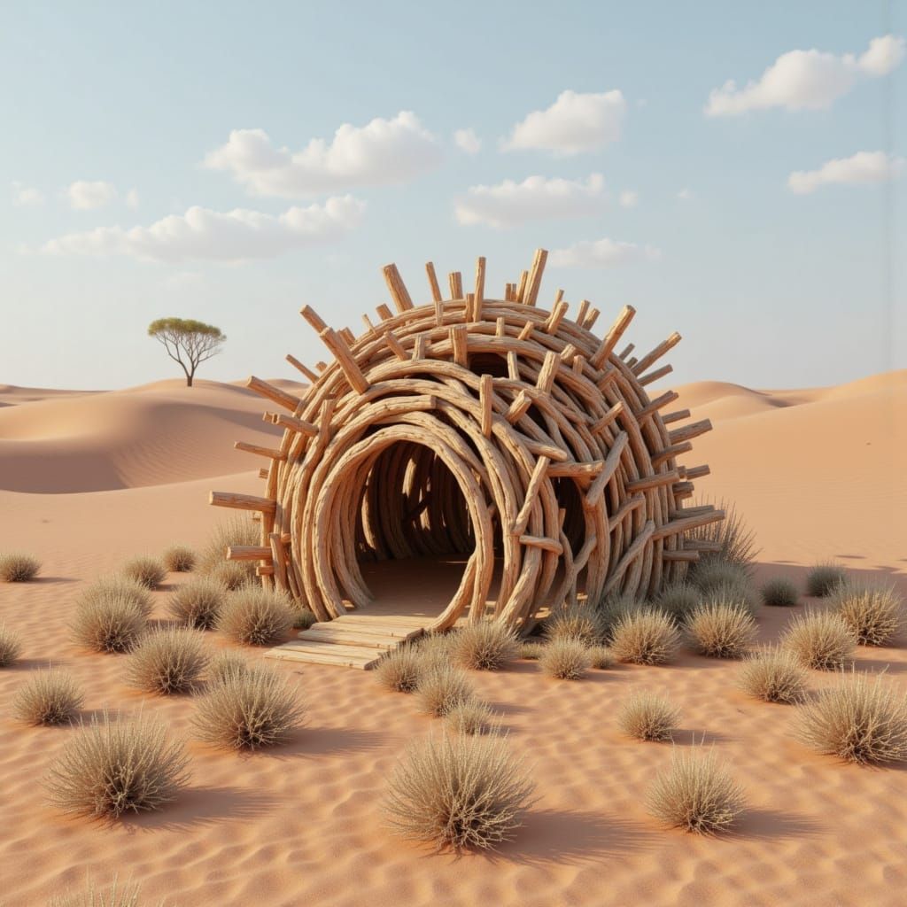 Rustic Wooden Stick Hut in Desert Landscape