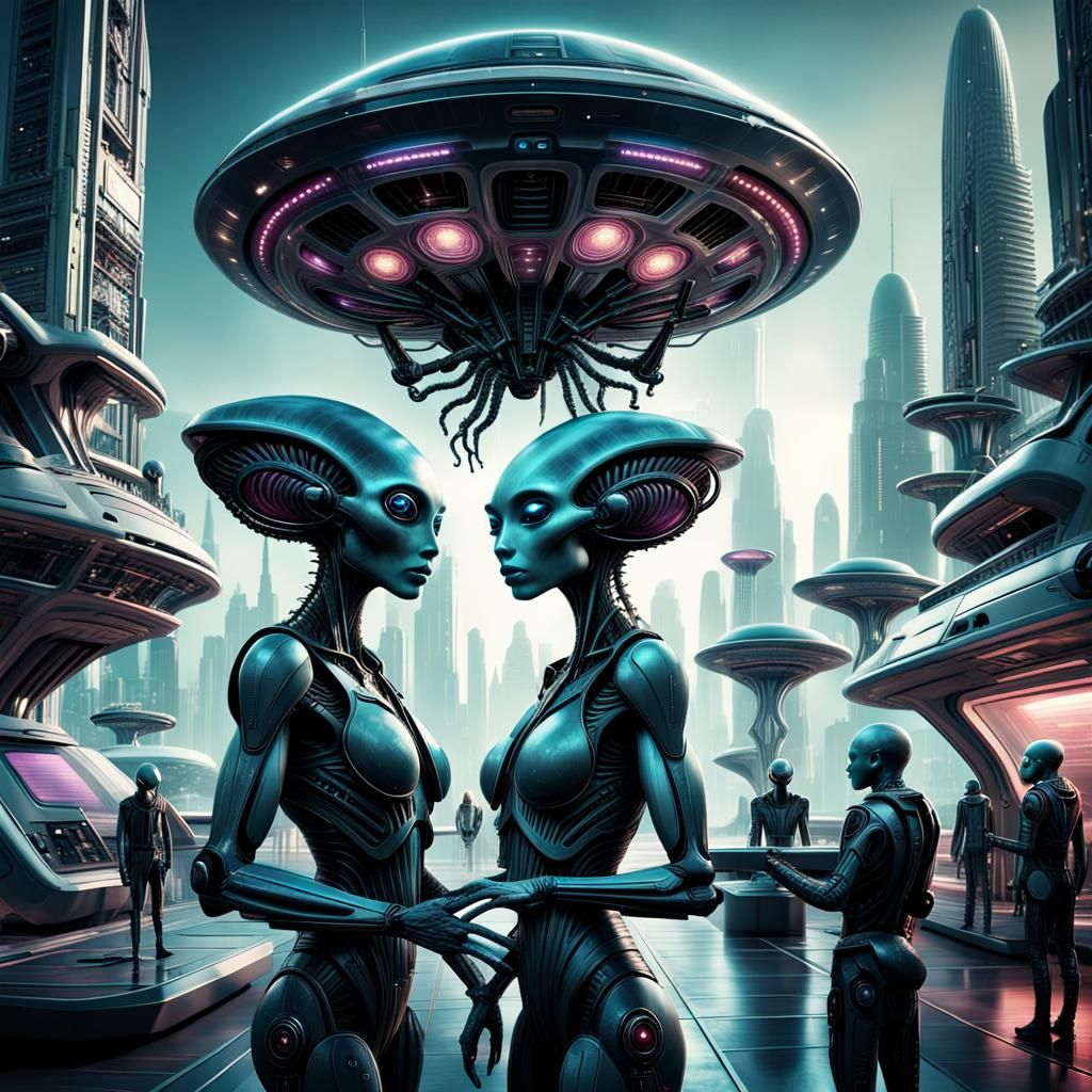 Anthropomorphic Aliens and Human in Futuristic City