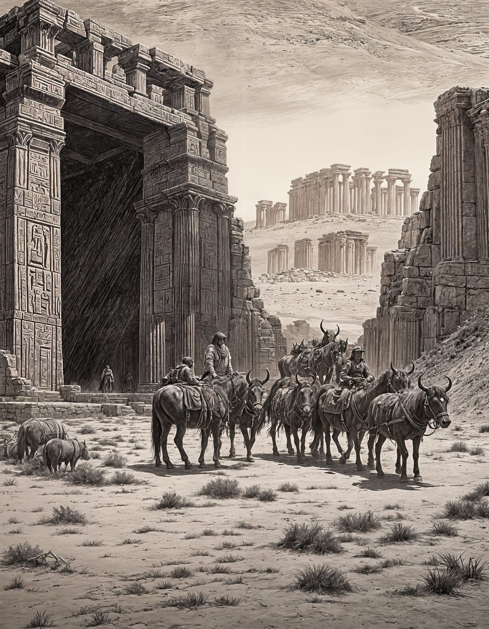 Sinister Desert Caravan Etching in Dark Fantasy Style