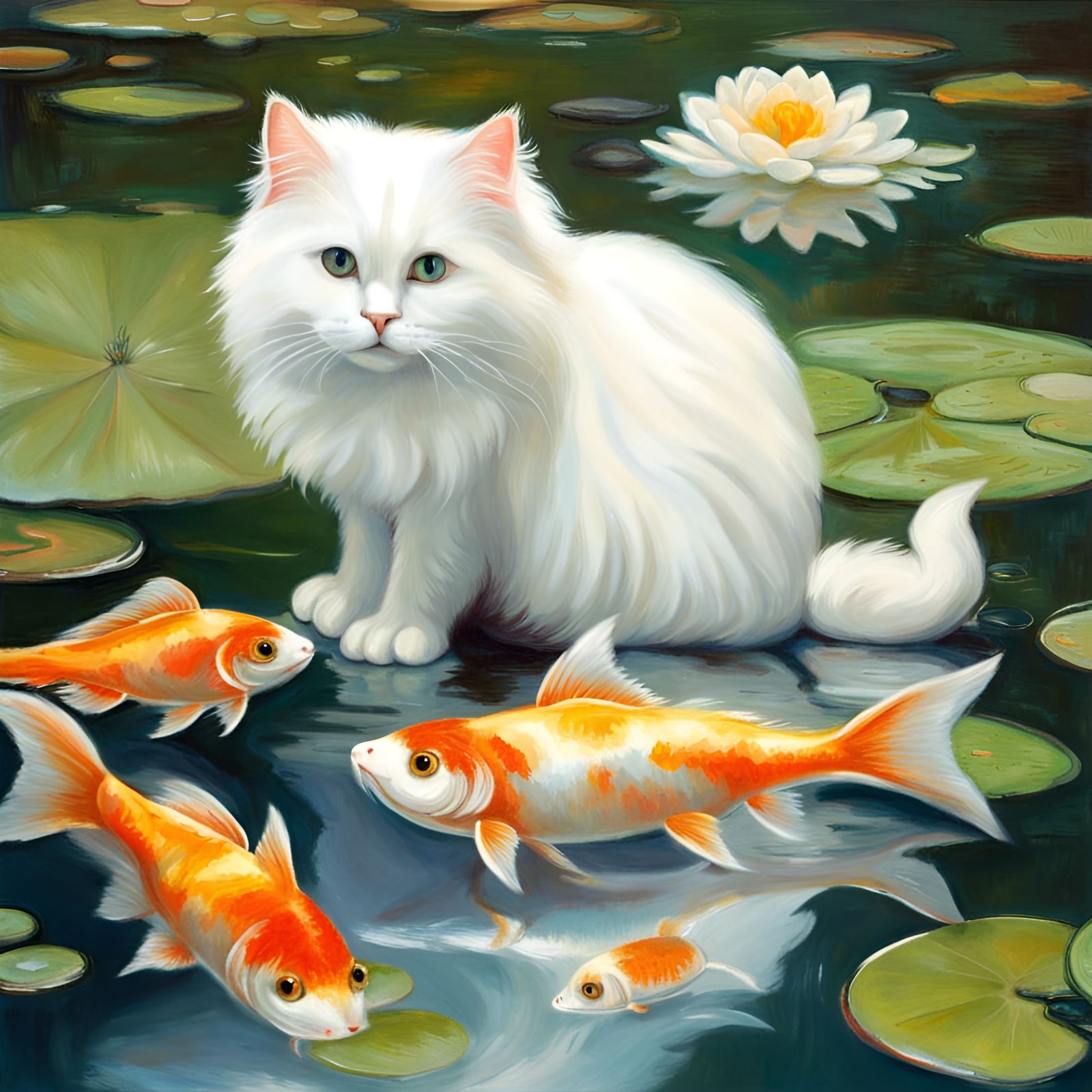 White Cat & Kio Fish, Water Lily Pond: AI Homage, Claude Monet.