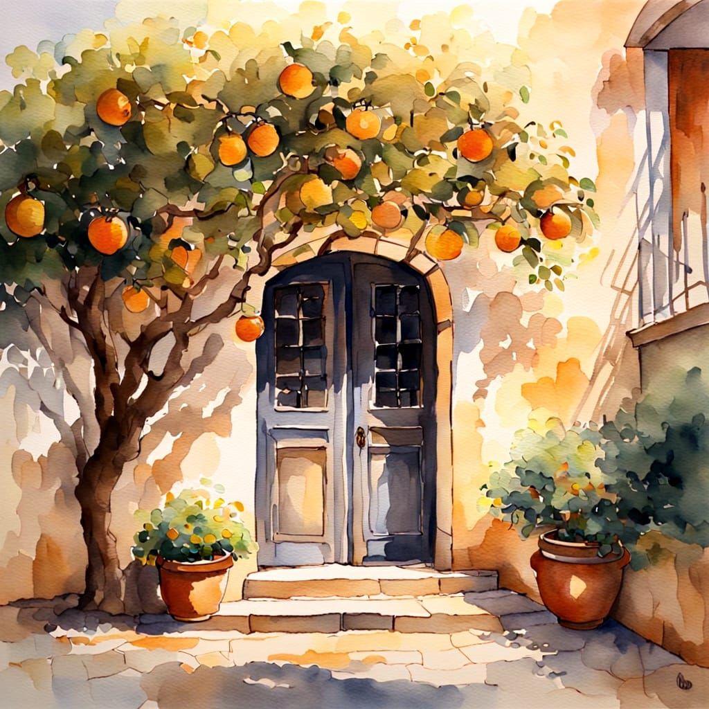 Impressionist Courtyard with Orange Tree Watercolor Painting