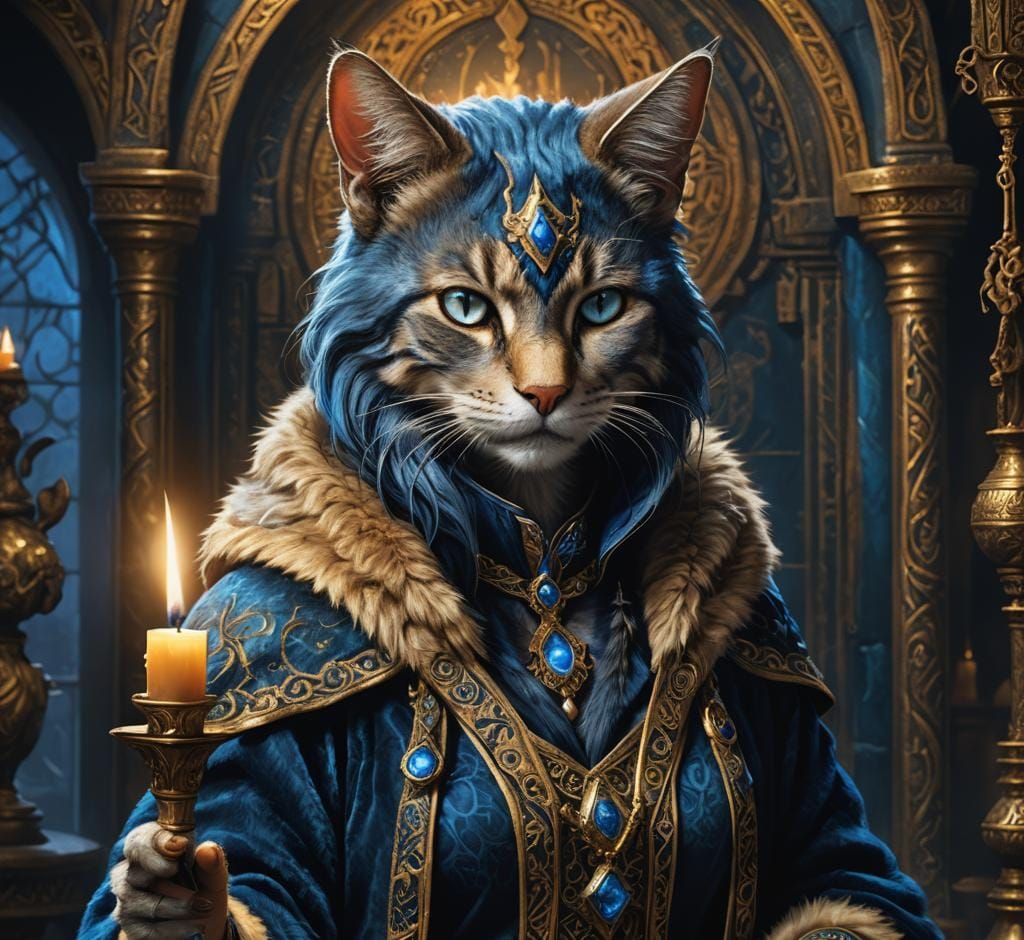 Elegant Blue Catfolk Sorceress in Hyperrealistic Style