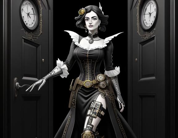 Steampunk Woman in Doorway, Lichtenstein Style Line Art