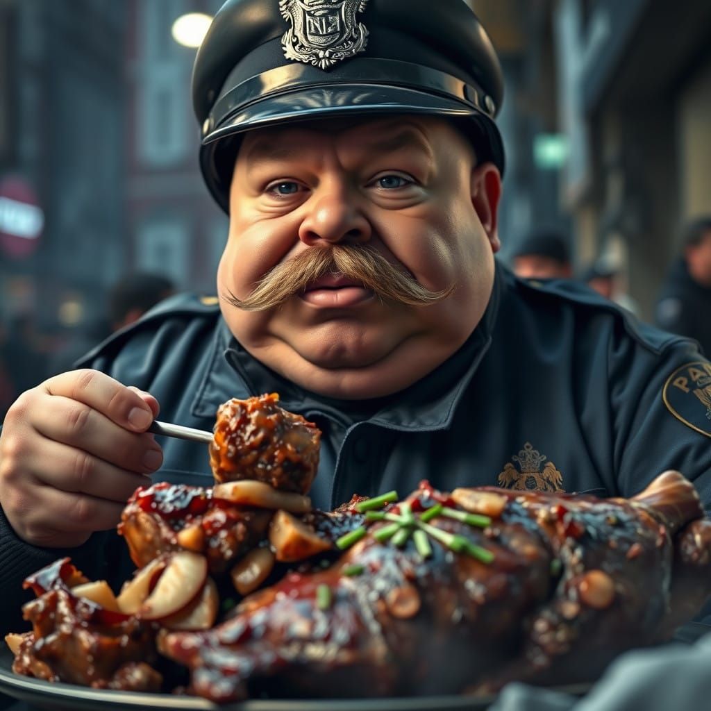 Hyperrealistic Policeman in a Hearty Roast Feast