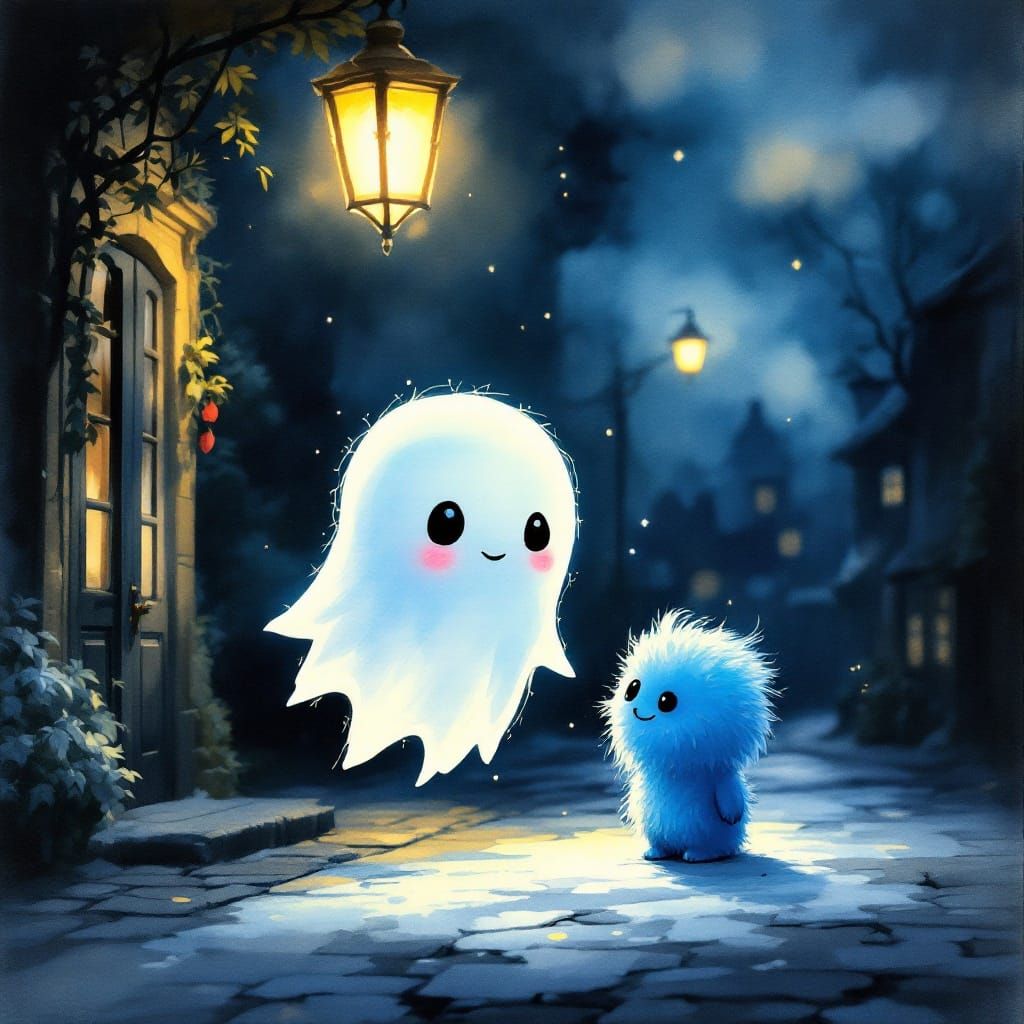 Whimsical Chibi Ghost Illuminates Midnight Street Scene