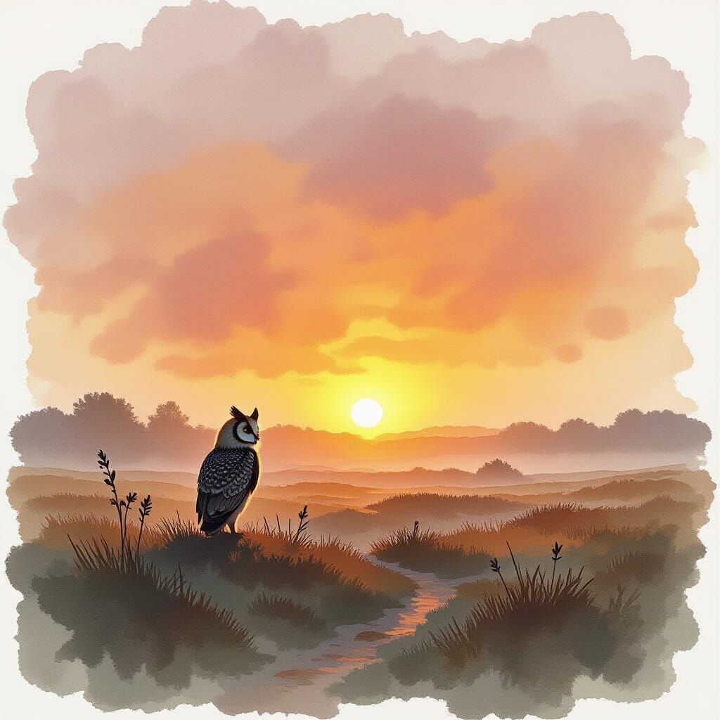 Owl Cries at Sunrise over Misty Heath in Japanese Style