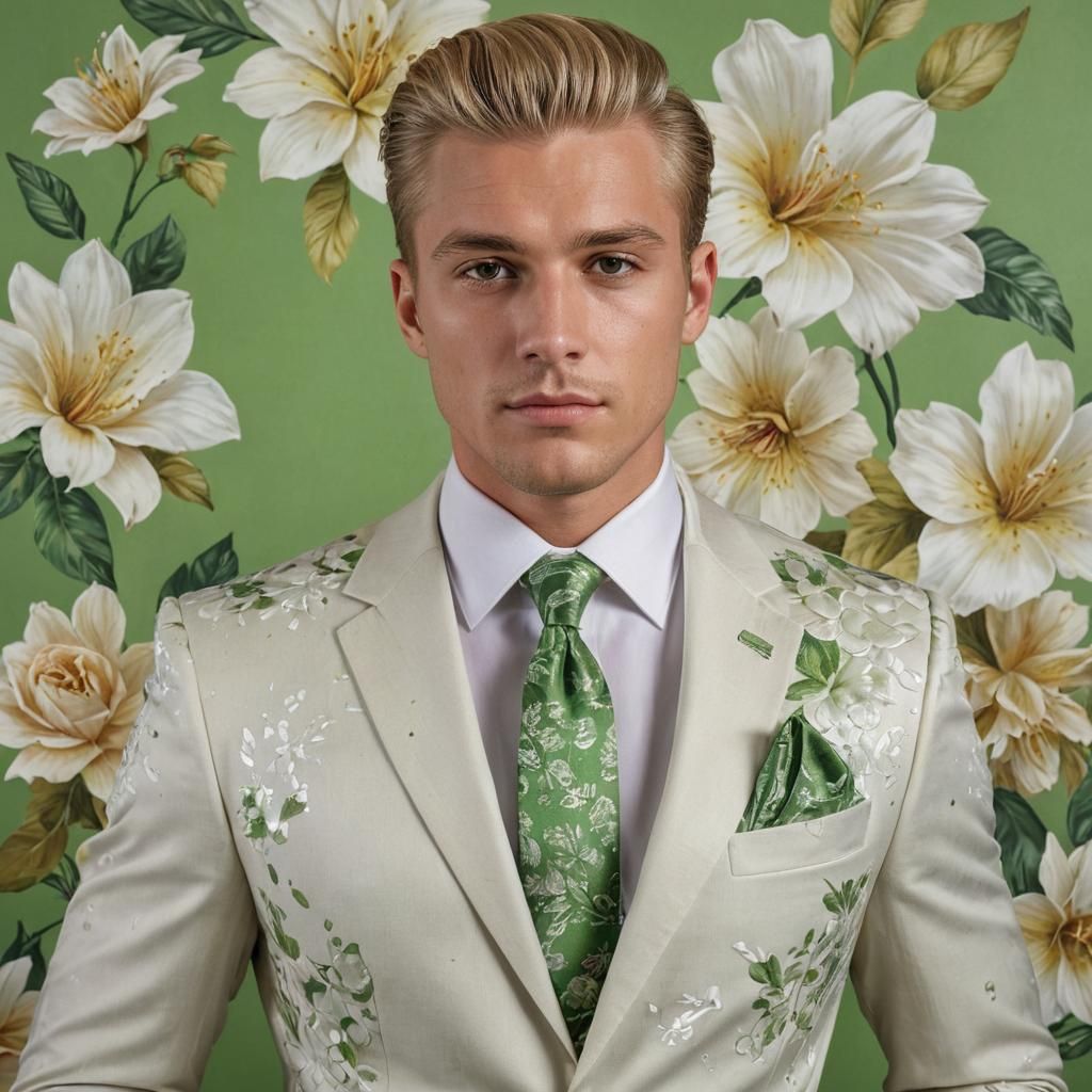 Handsome Businessman in Floral Suit, Hyperrealistic Renderin...