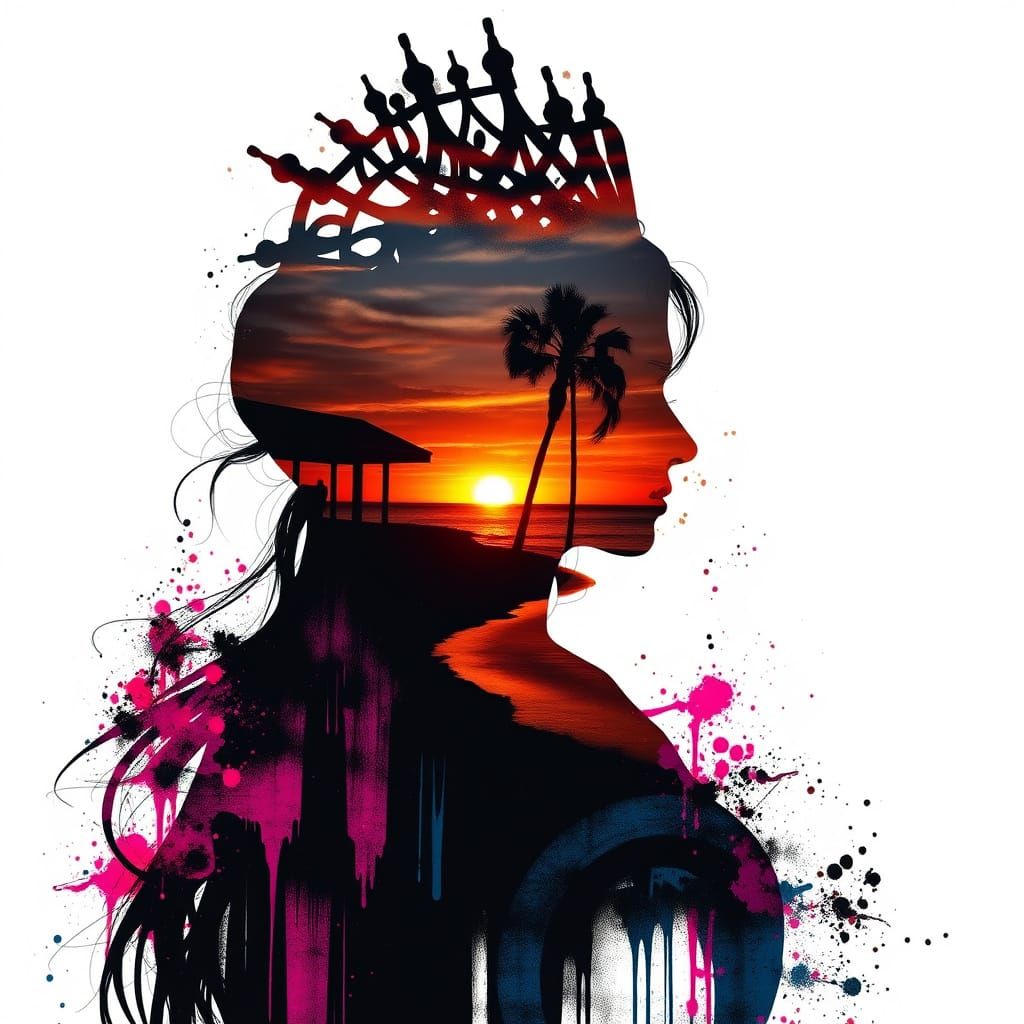 Goddess Silhouette Blends with Sunset Coast in Vibrant Doubl...