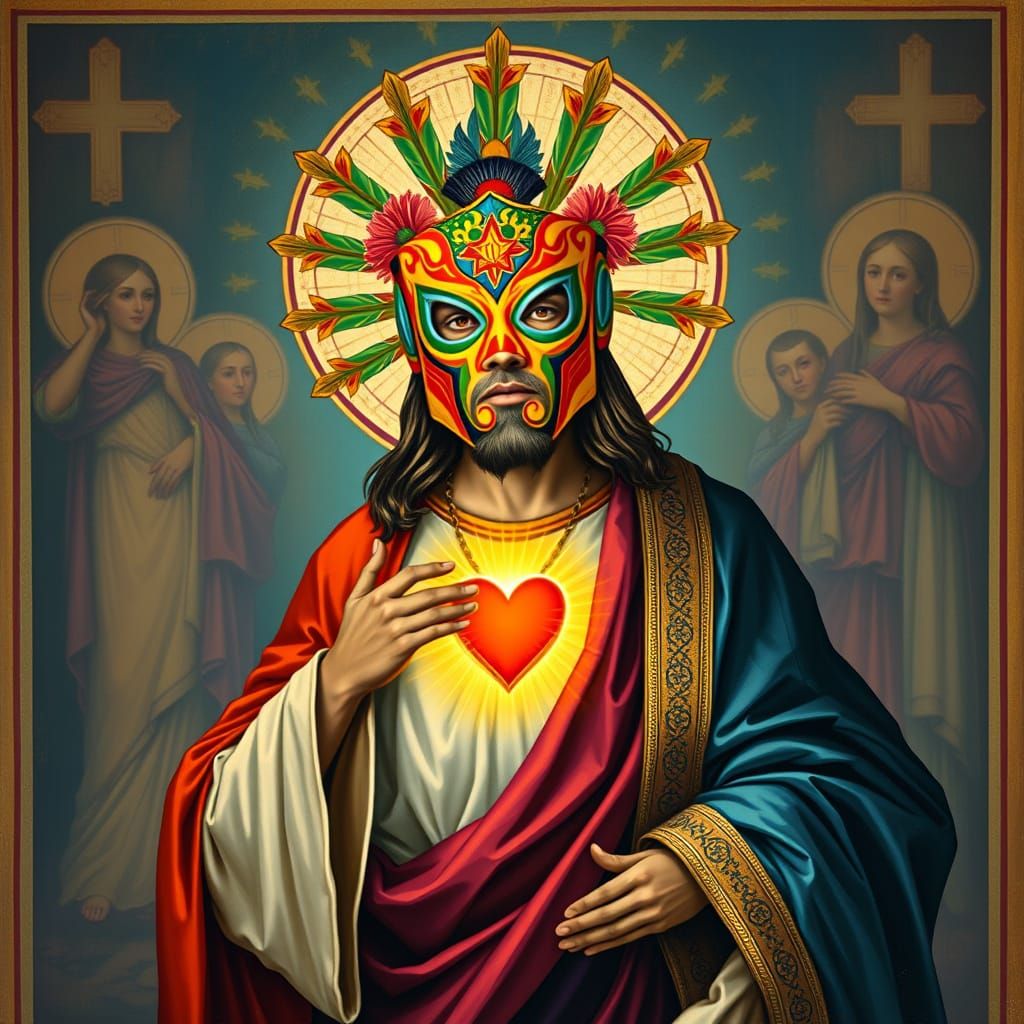 Luchador Jesus with Glowing Heart: Folk Art Style