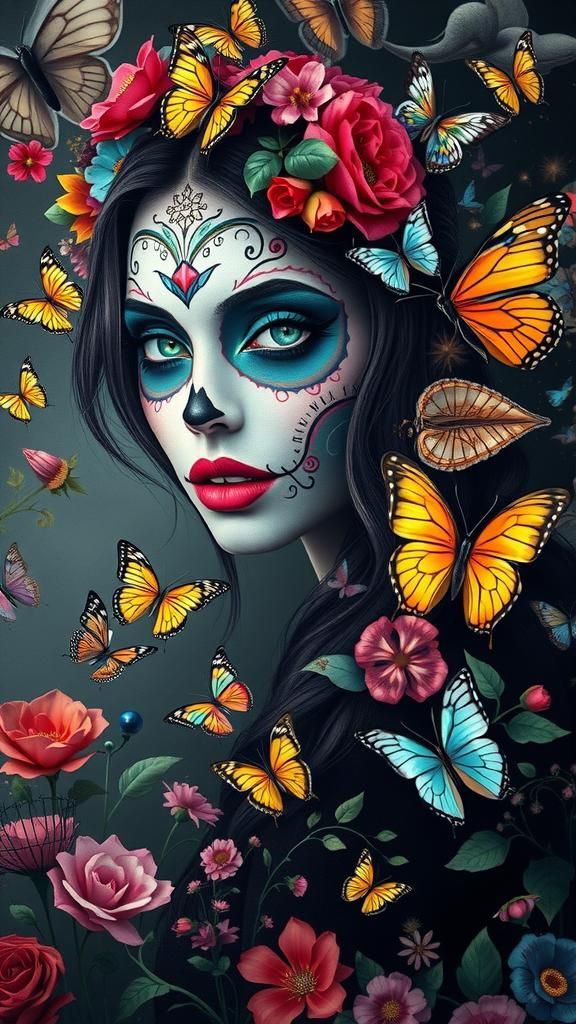 Medium shot of a beautiful woman wearing colorful Día de los...