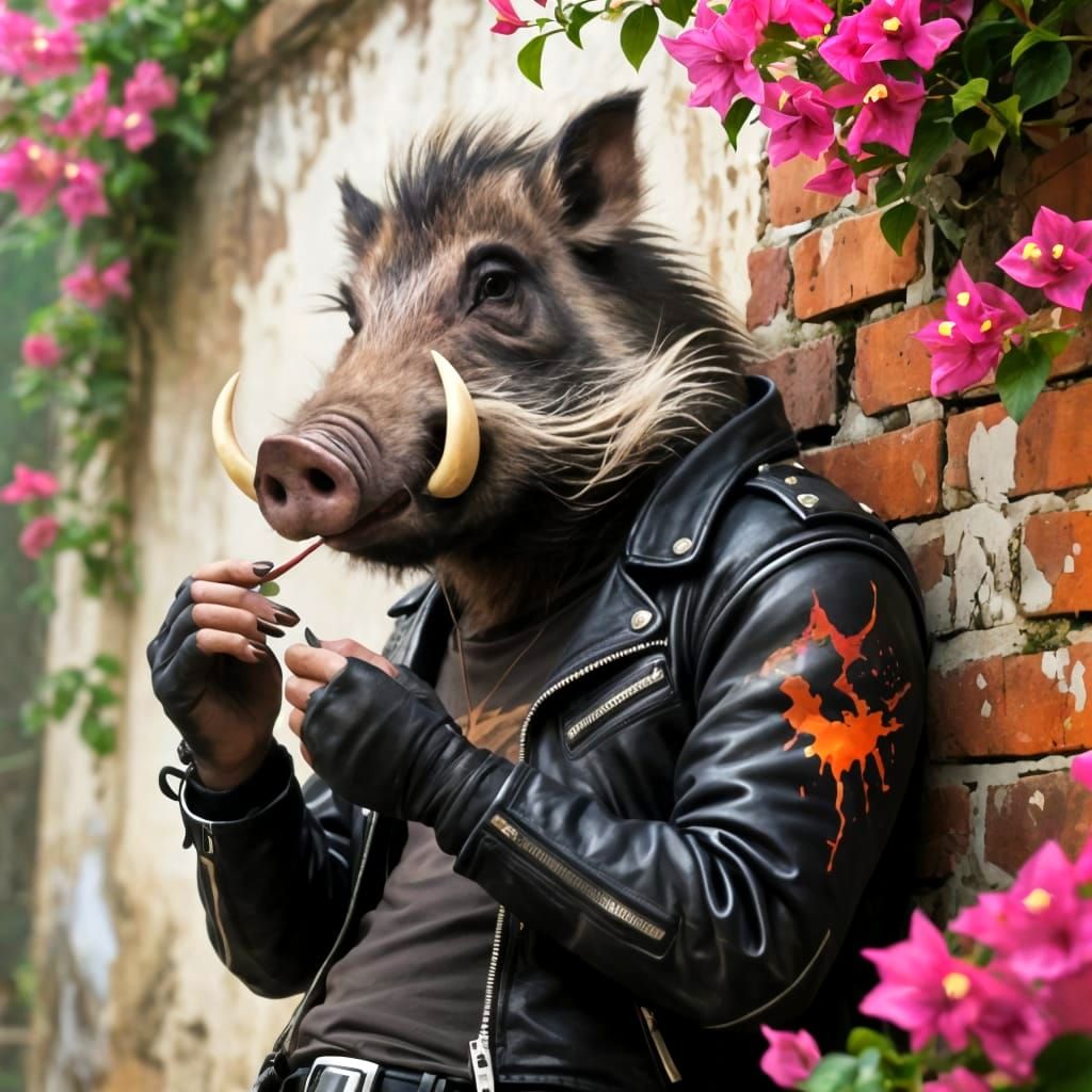 Biker Boar Splash Art with Bougainvillea