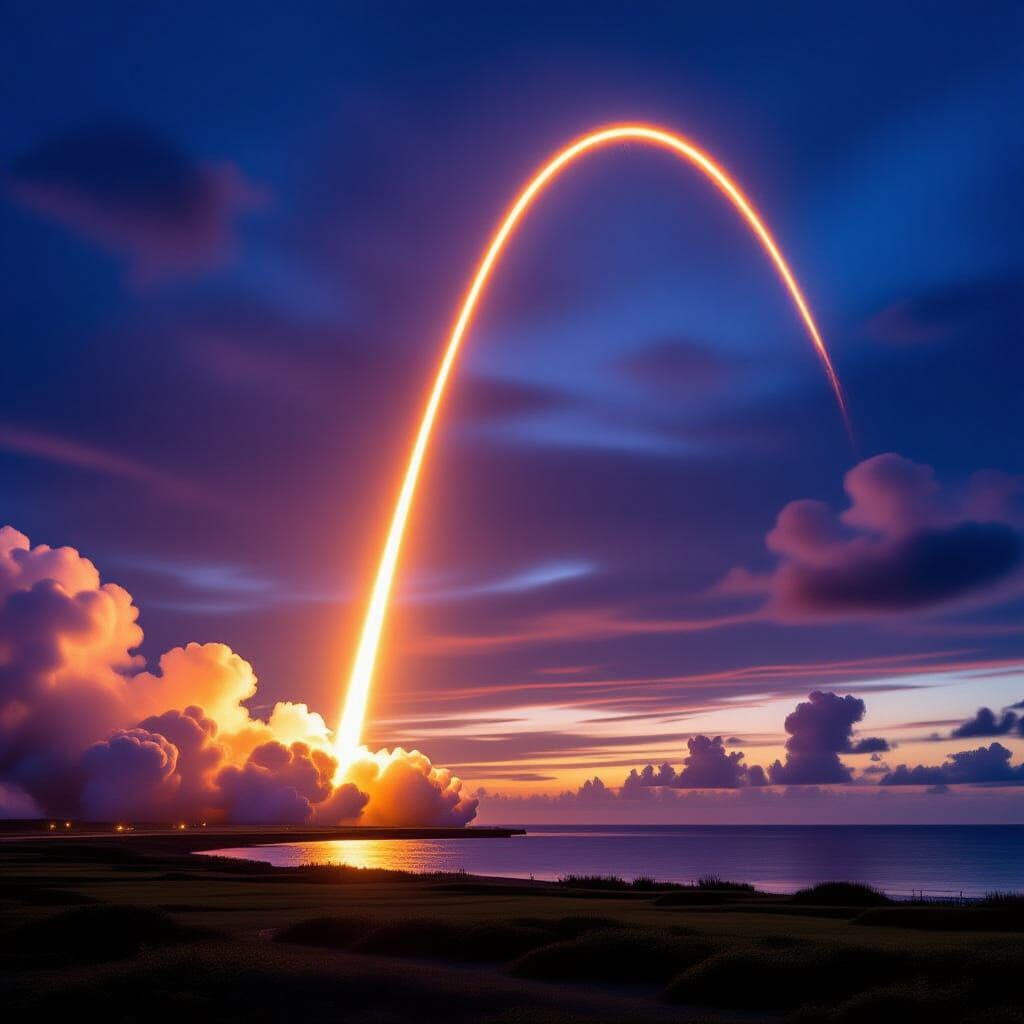 Dramatic Rocket Launch into Colorful Sunset Sky