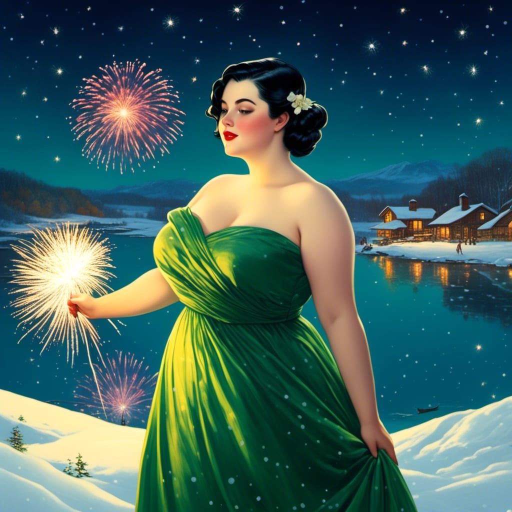 Sparkling Snowy Field: Woman in Vintage Romantic Dress