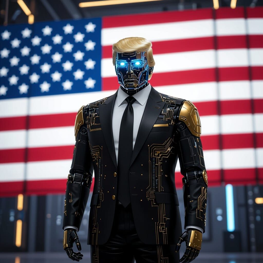 Futuristic Robot Trump with Digital Flag