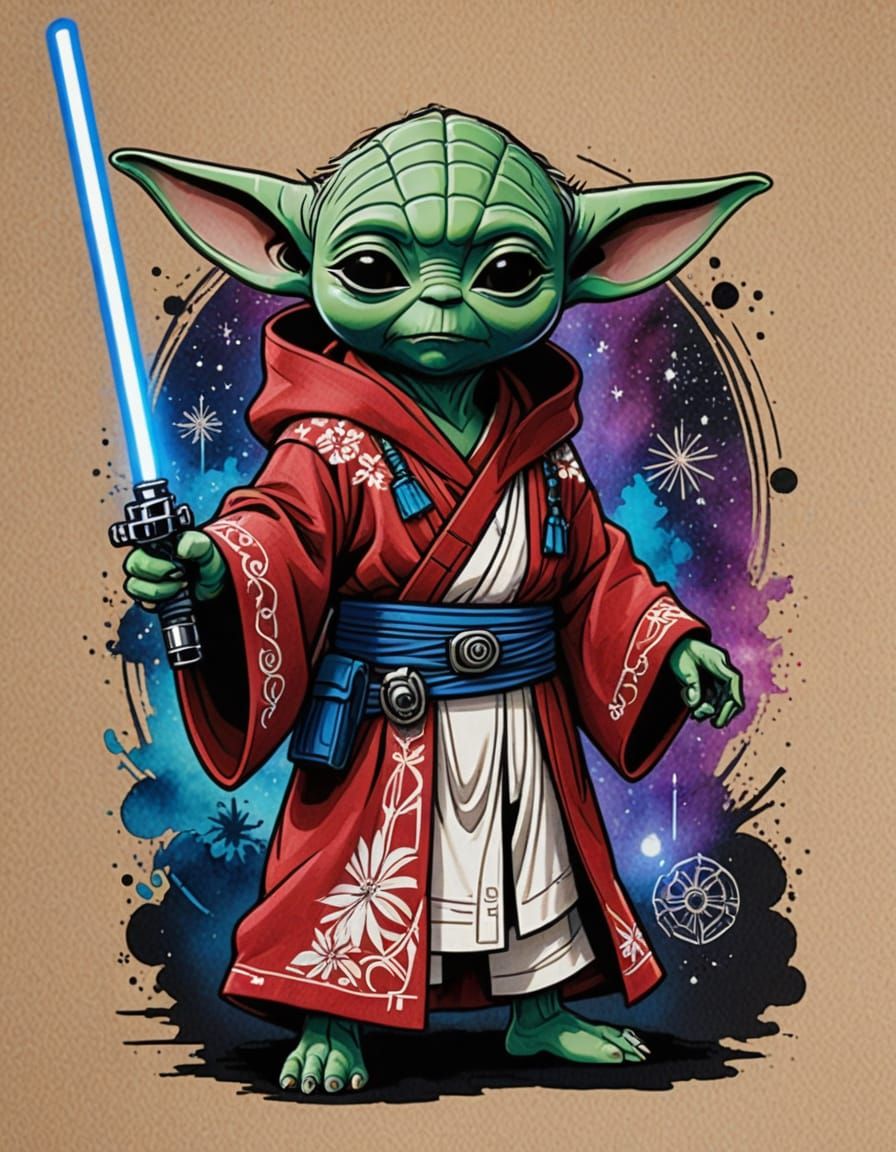 Lilo as Jedi with Stitch Yoda, Alcohol Ink Art