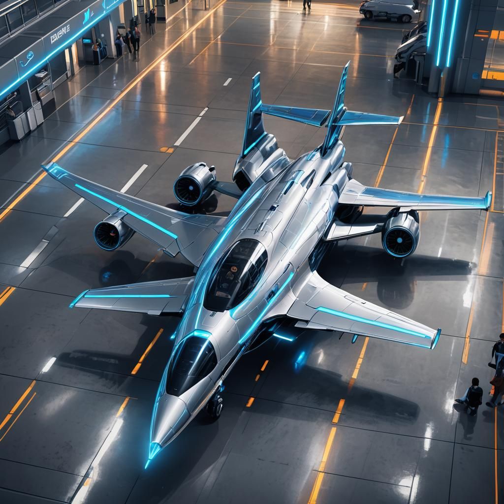 Futuristic Silver Plane in Neon-Lit Airport