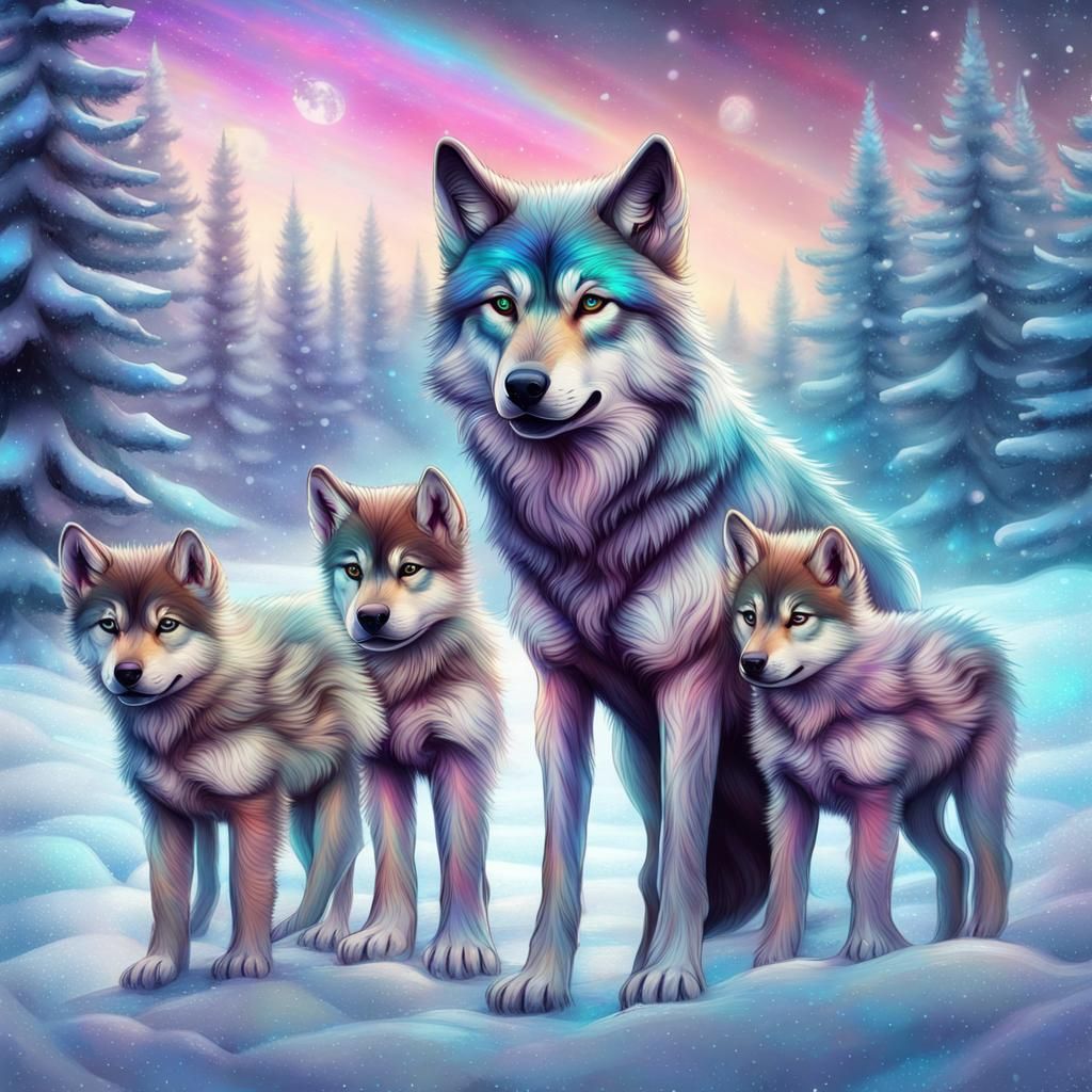 Wolf with puppies in winter