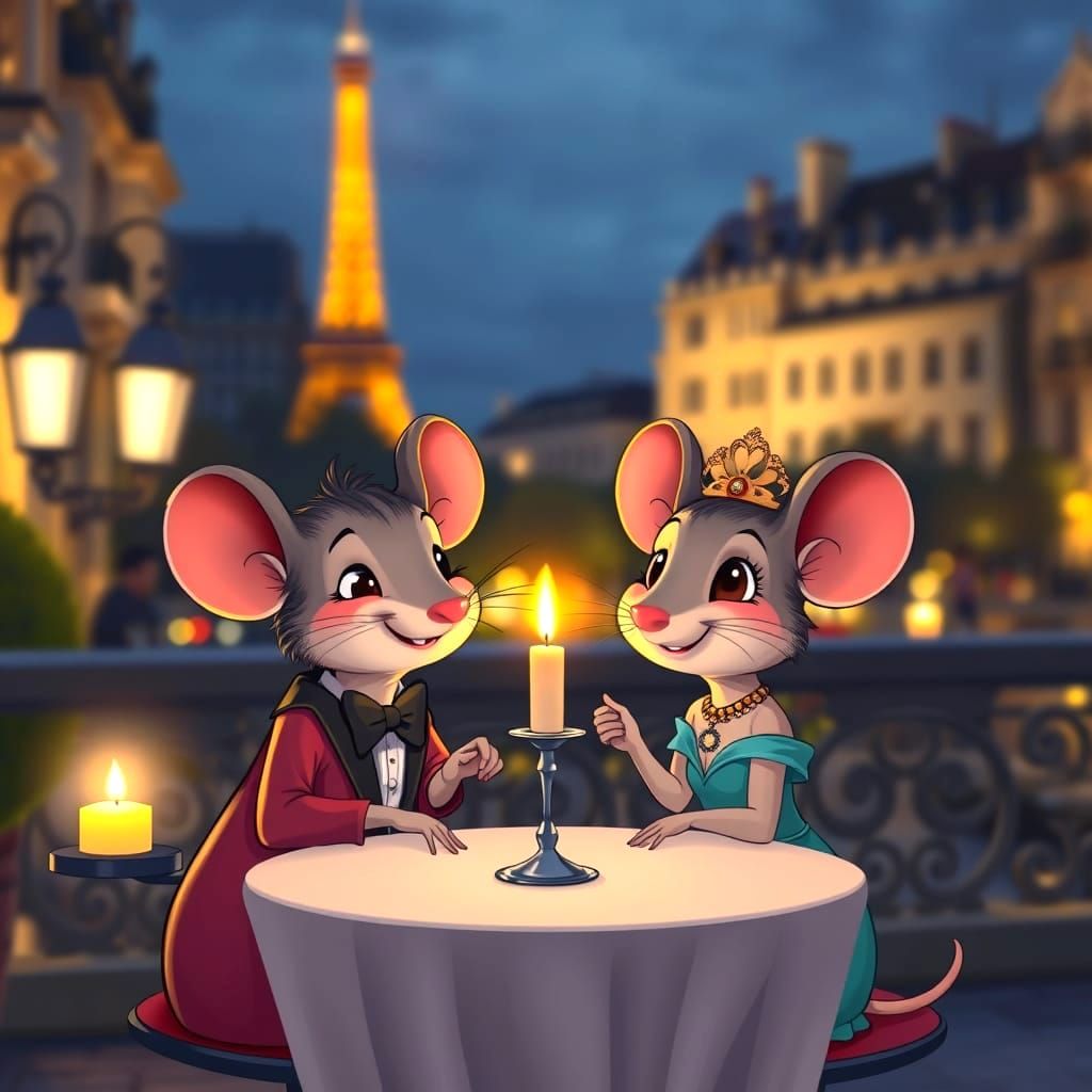 Romantic Parisian Night Scene with Cartoon Mice