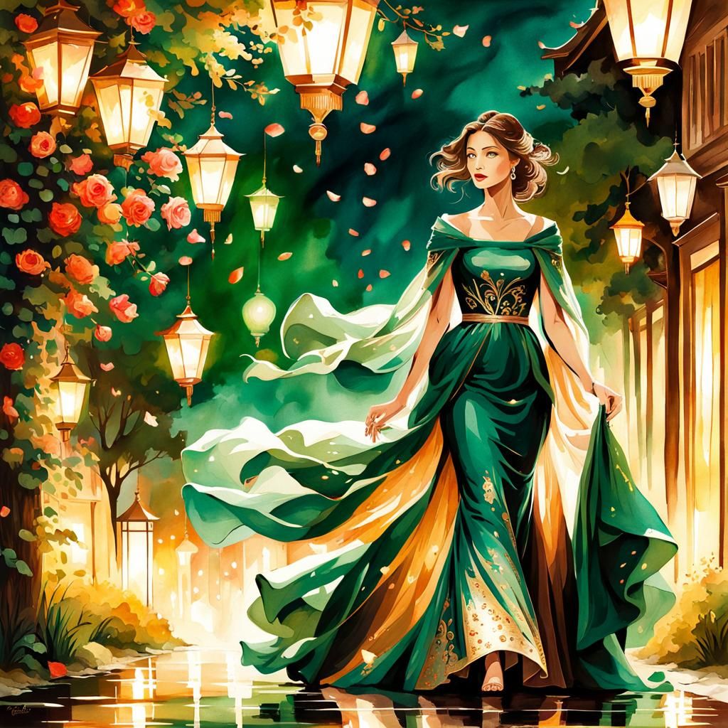 Ethereal Woman in Emerald Gown: Watercolor Illustration