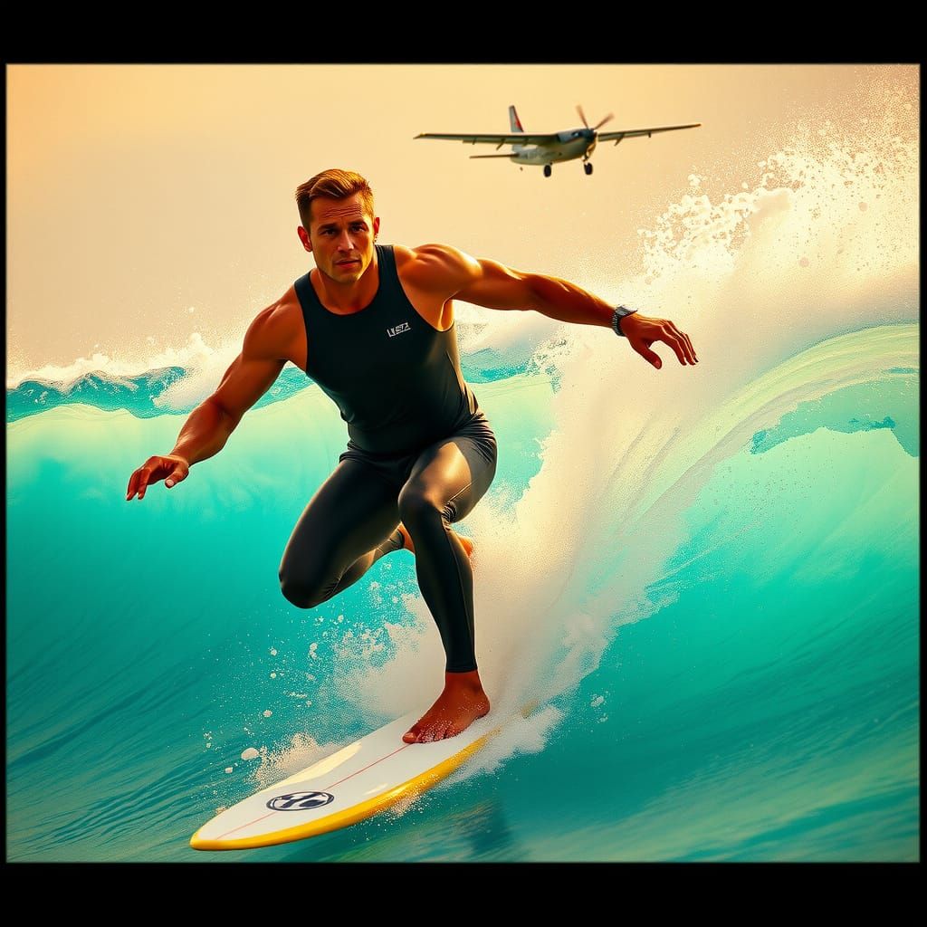 Epic Surfing Scene in Cinematic Vignette Style